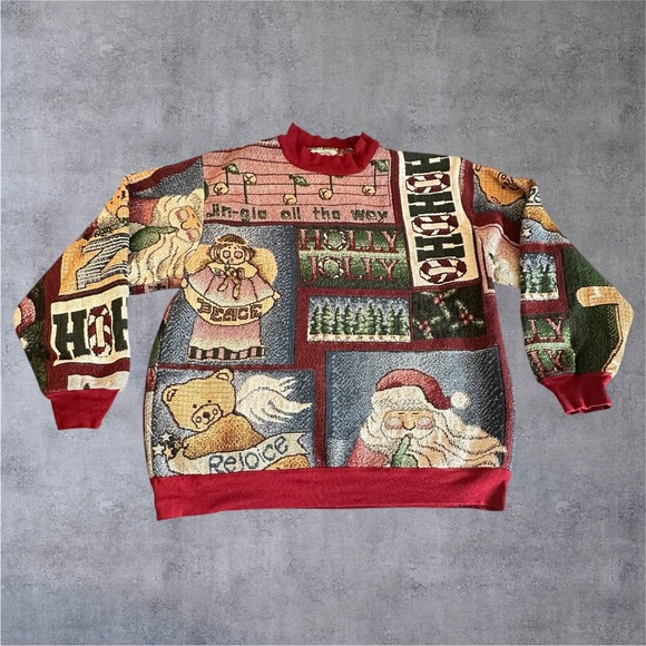 Sugar Street Weavers Sweaters - Vintage Sugar Street Weavers Tapestry Sweater OS Red Christmas Patchwork